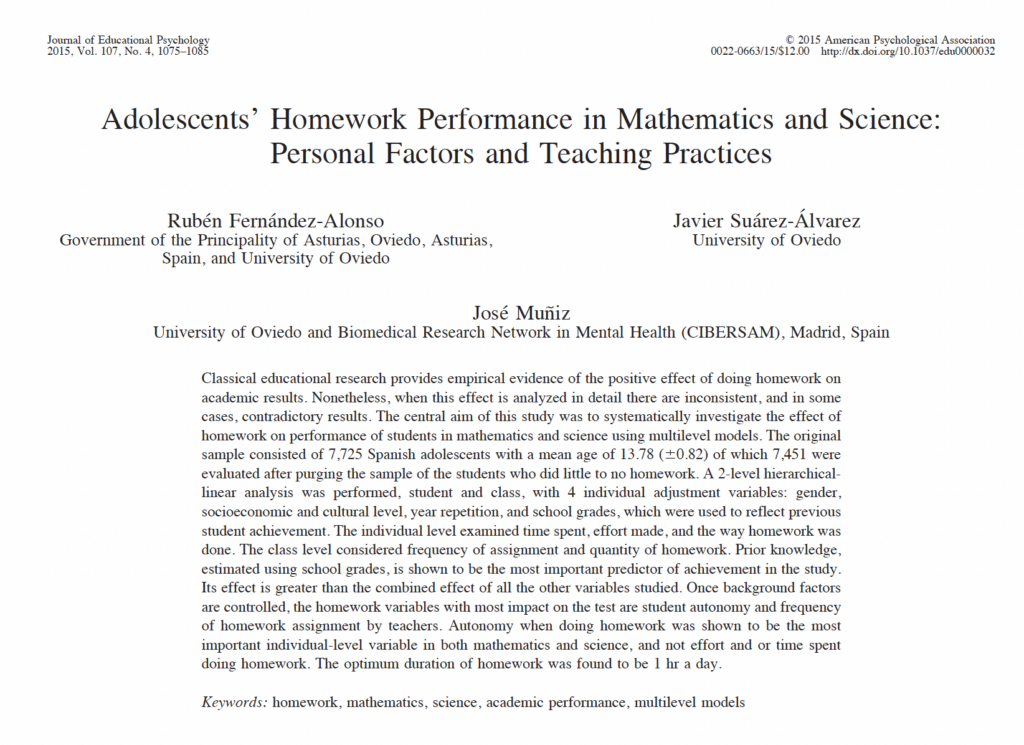 Research: Adolescents’ Homework Performance in Mathematics and Science ...